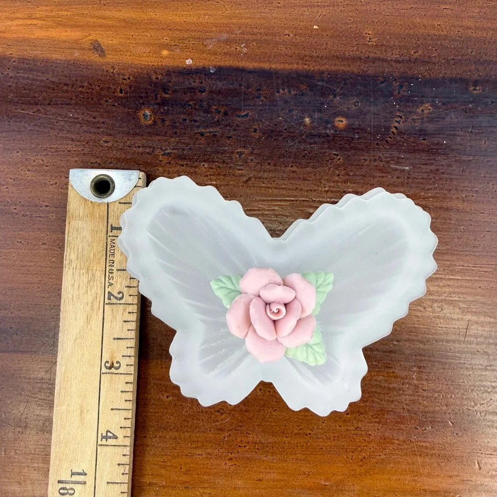 Vintage Frosted Glass Butterfly Trinket Box with Pink Porcelain Rose Lid